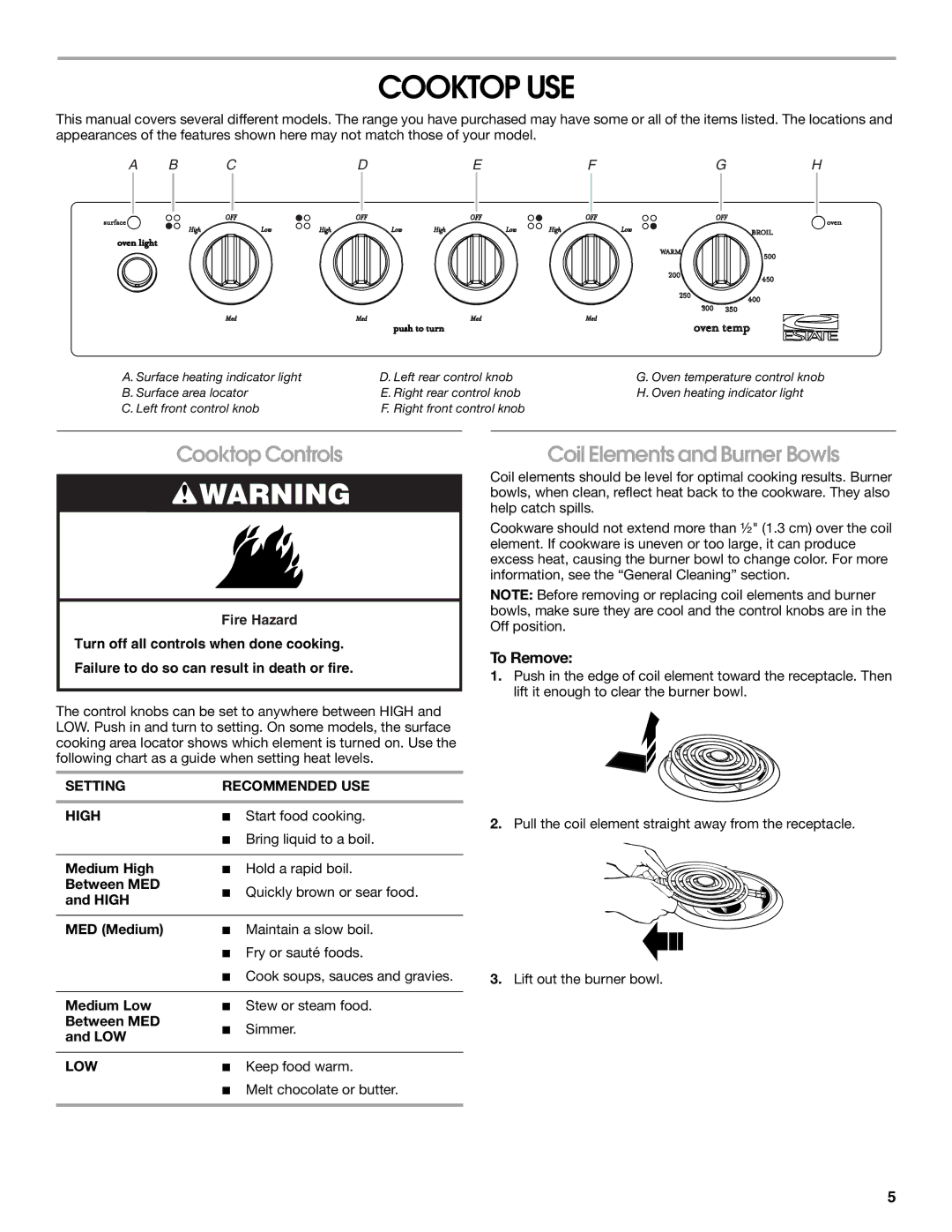 Estate W10175655A manual Cooktop USE, Cooktop Controls, Coil Elements and Burner Bowls, To Remove 