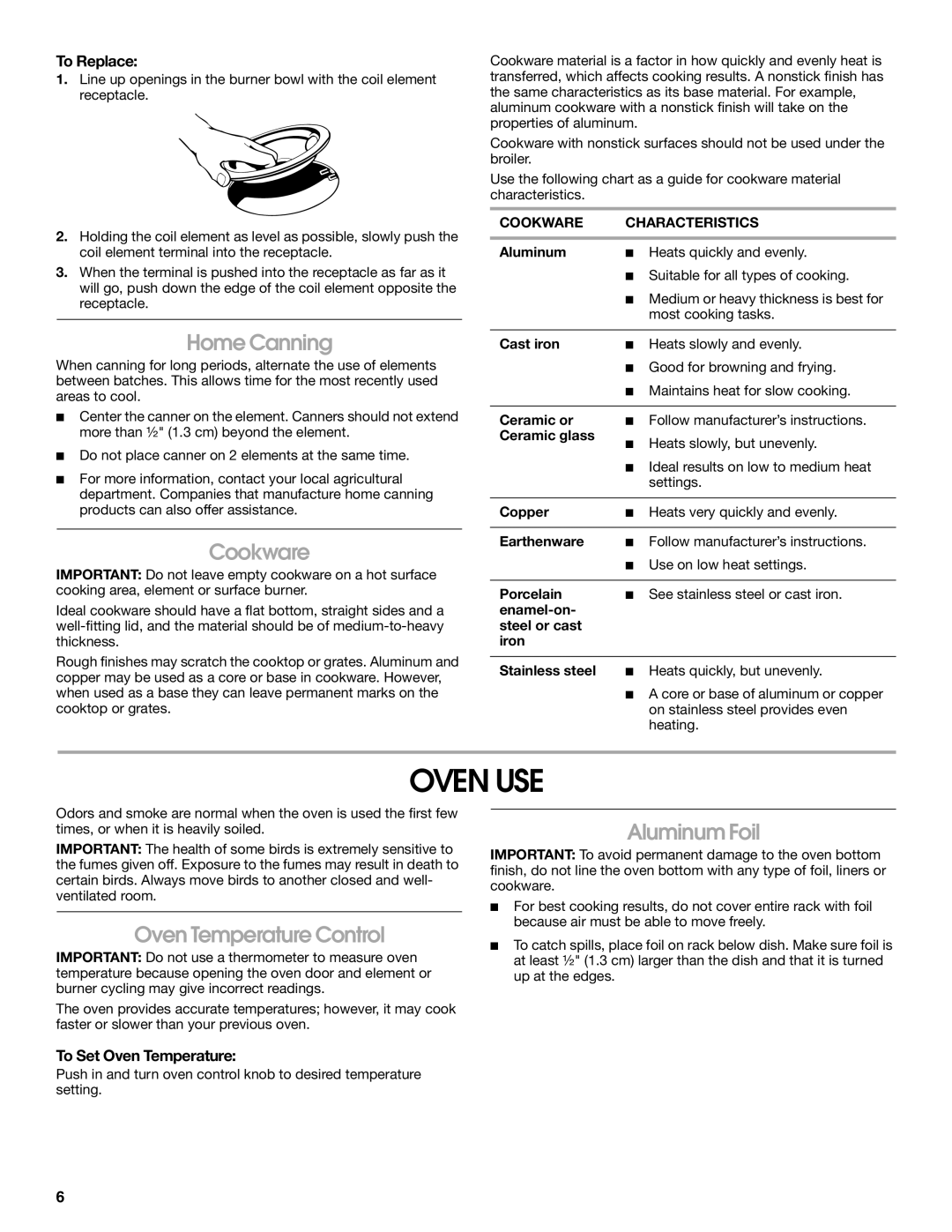 Estate W10175655A manual Oven USE, Home Canning, Cookware, Oven Temperature Control, Aluminum Foil 