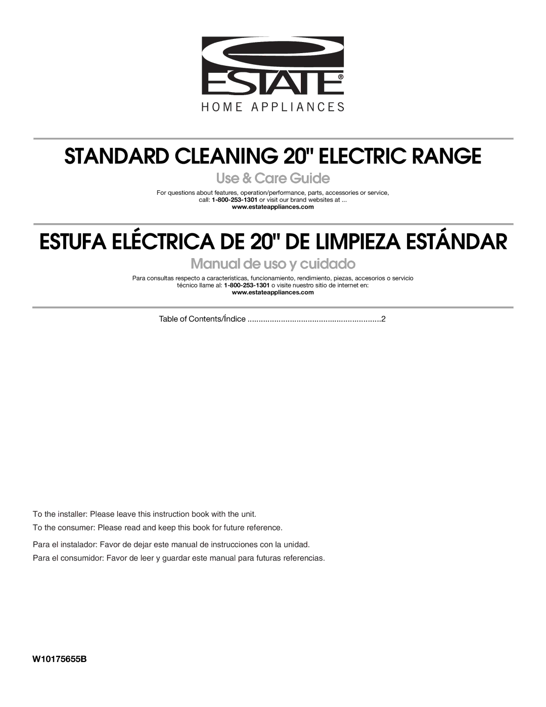 Estate W10175655B manual Standard Cleaning 20 Electric Range 