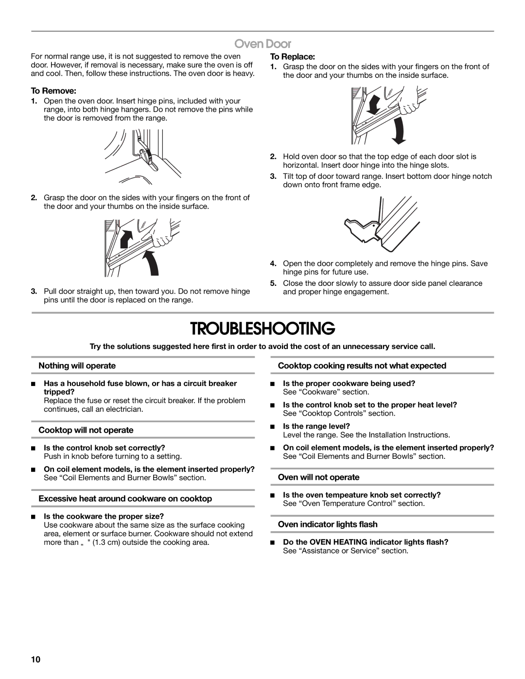 Estate W10175655B manual Troubleshooting, Oven Door 