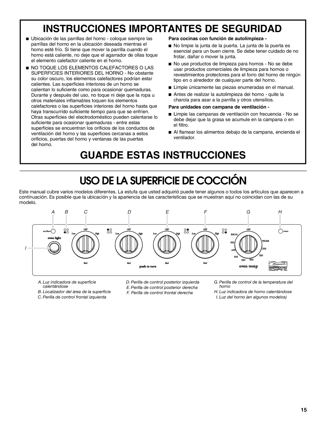 Estate W10175655B manual USO DE LA Superficie DE Cocción, Para cocinas con función de autolimpieza 