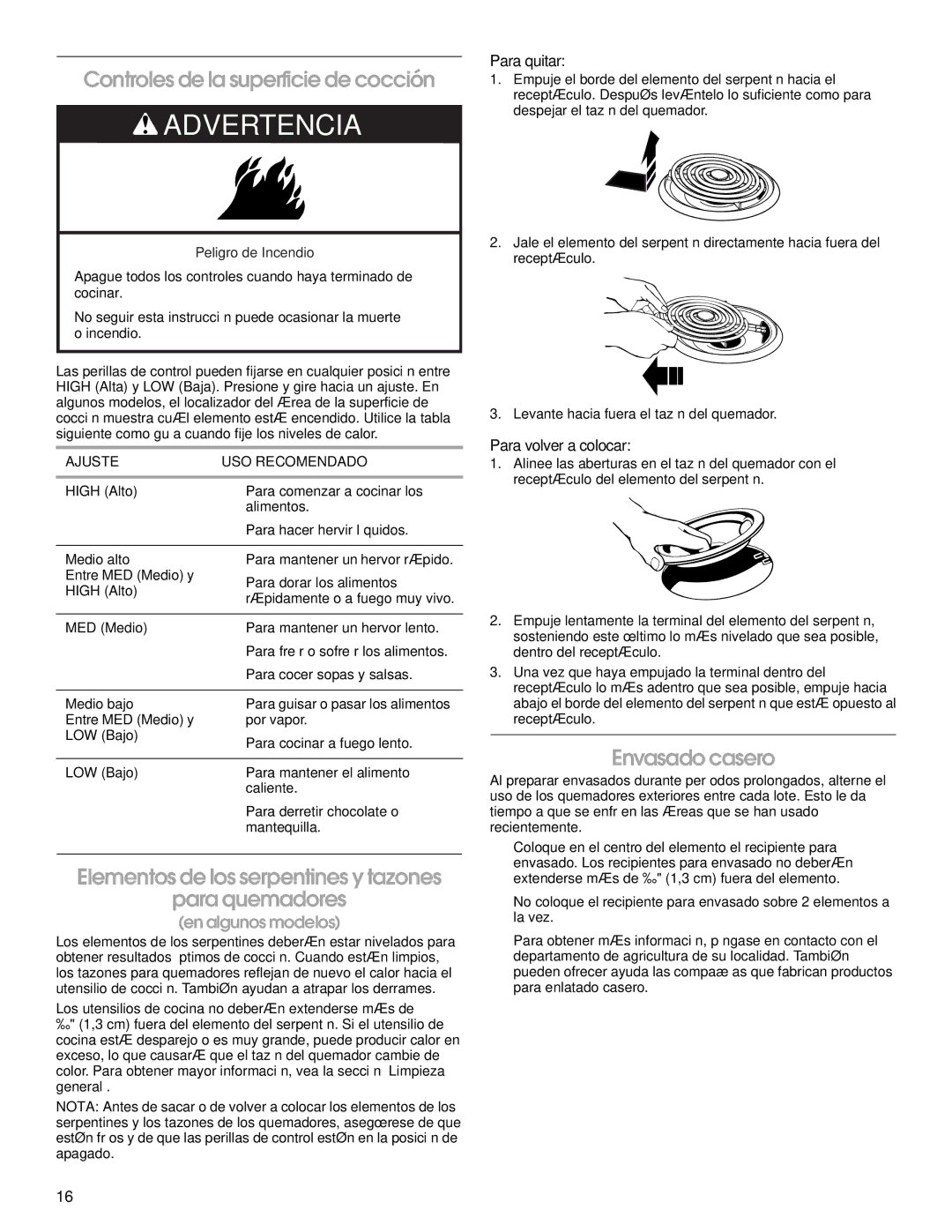 Estate W10175655B manual Controles de la superficie de cocción, Elementos de los serpentines y tazones Para quemadores 