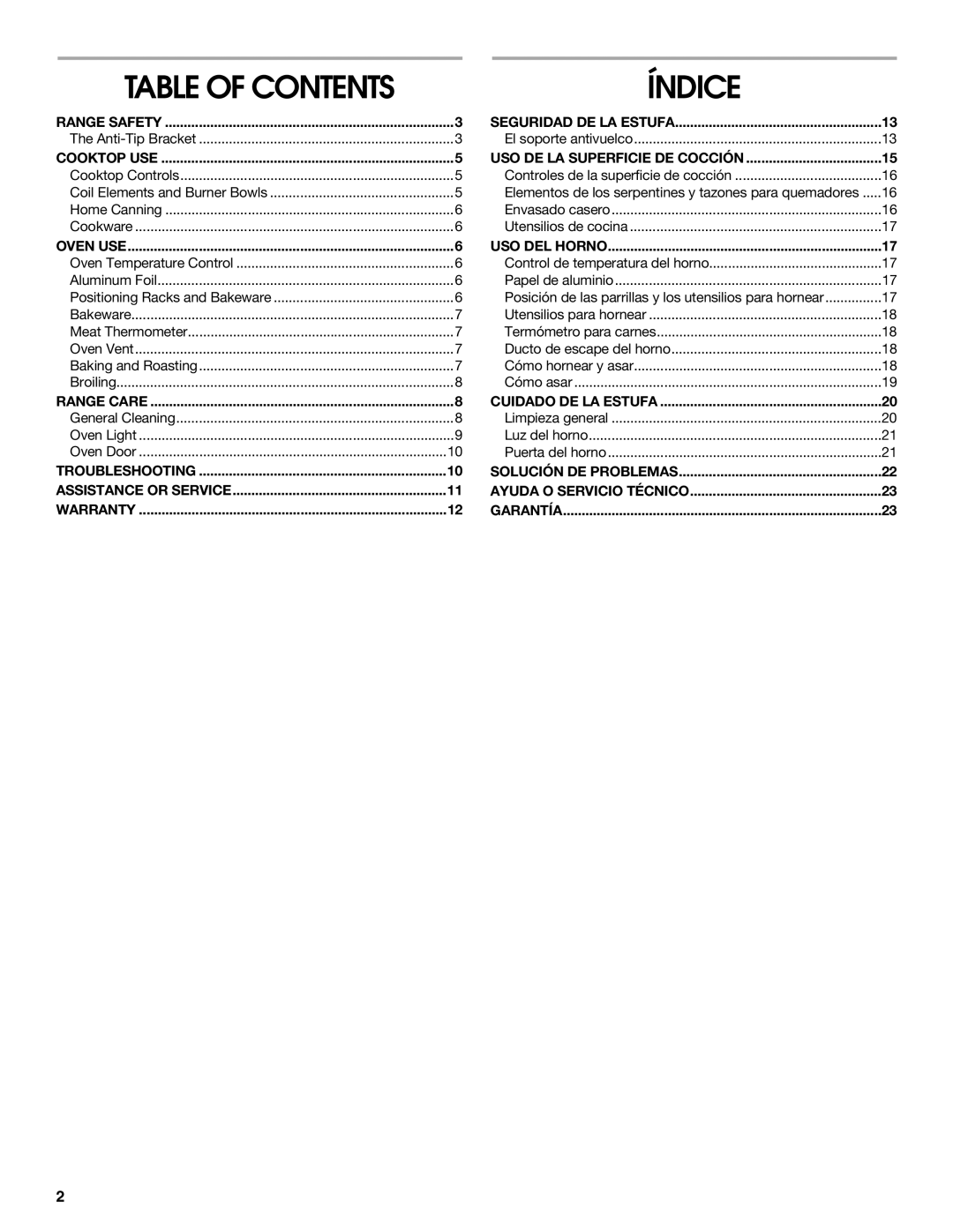 Estate W10175655B manual Table of Contents 