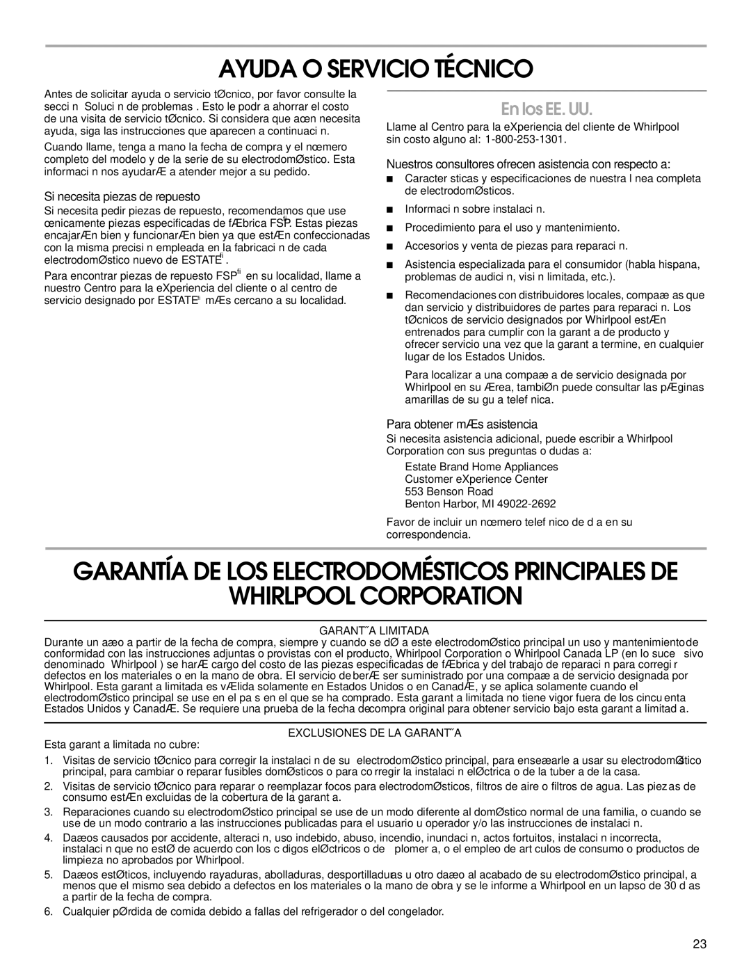 Estate W10175655B manual Ayuda O Servicio Técnico, Whirlpool Corporation, En los EE. UU 