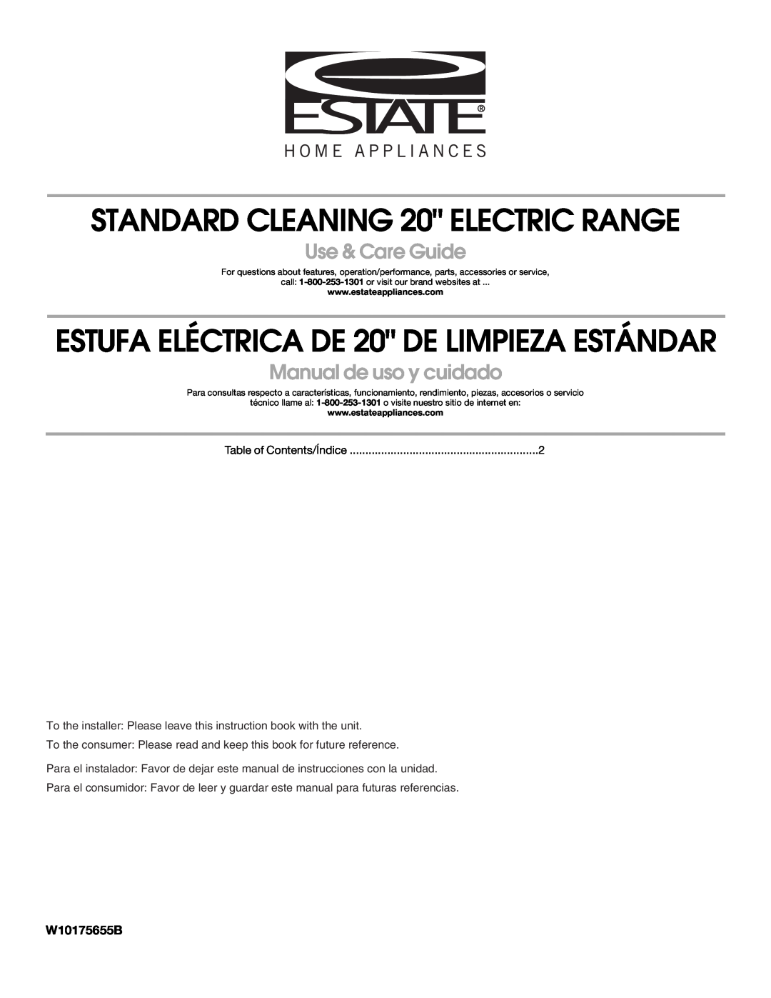 Estate W10175655B manual STANDARD CLEANING 20 ELECTRIC RANGE, ESTUFA ELÉCTRICA DE 20 DE LIMPIEZA ESTÁNDAR 