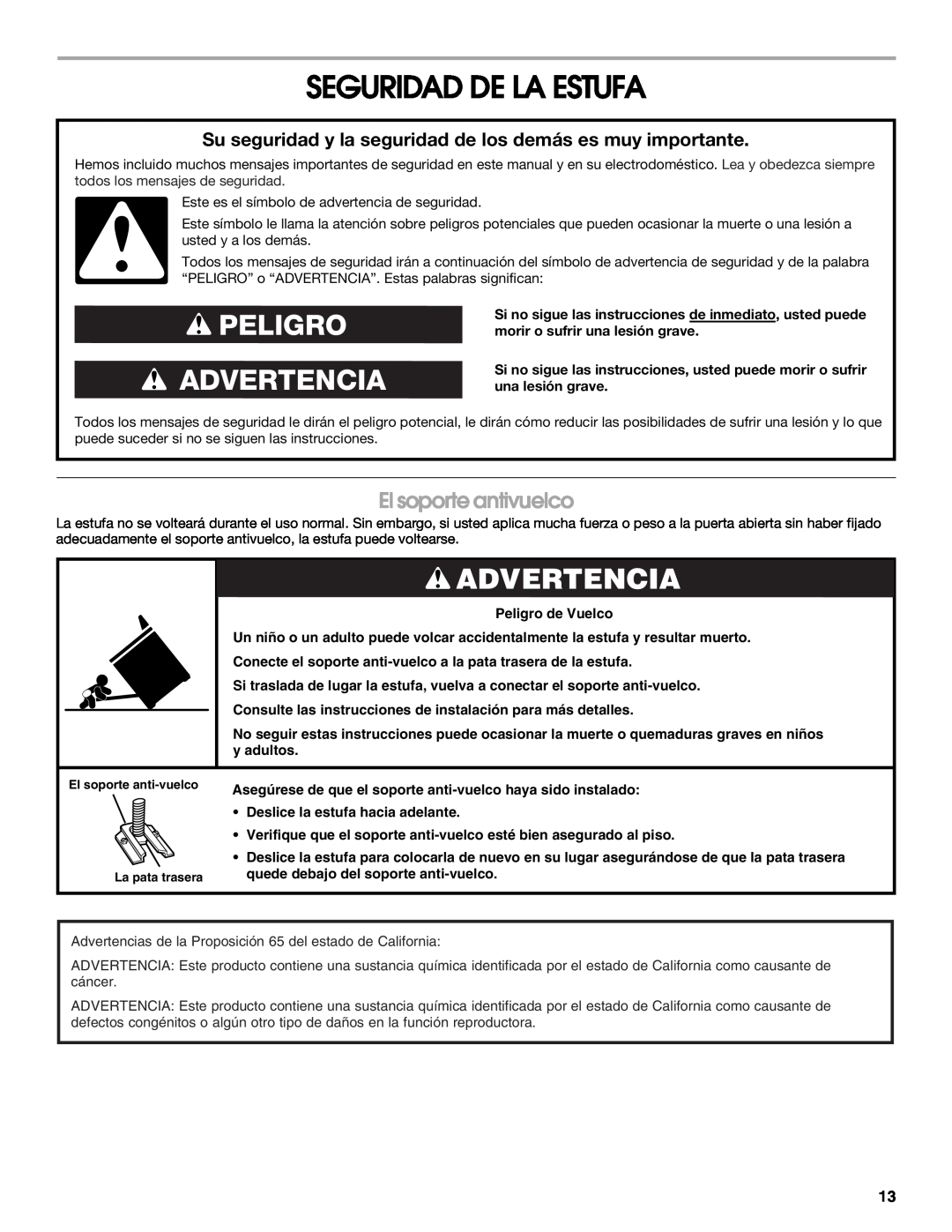 Estate W10175655B manual Seguridad De La Estufa, El soporte antivuelco, Peligro Advertencia 