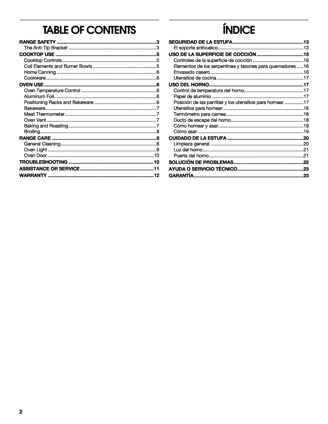 Estate W10175655B manual Table Of Contents, Índice 