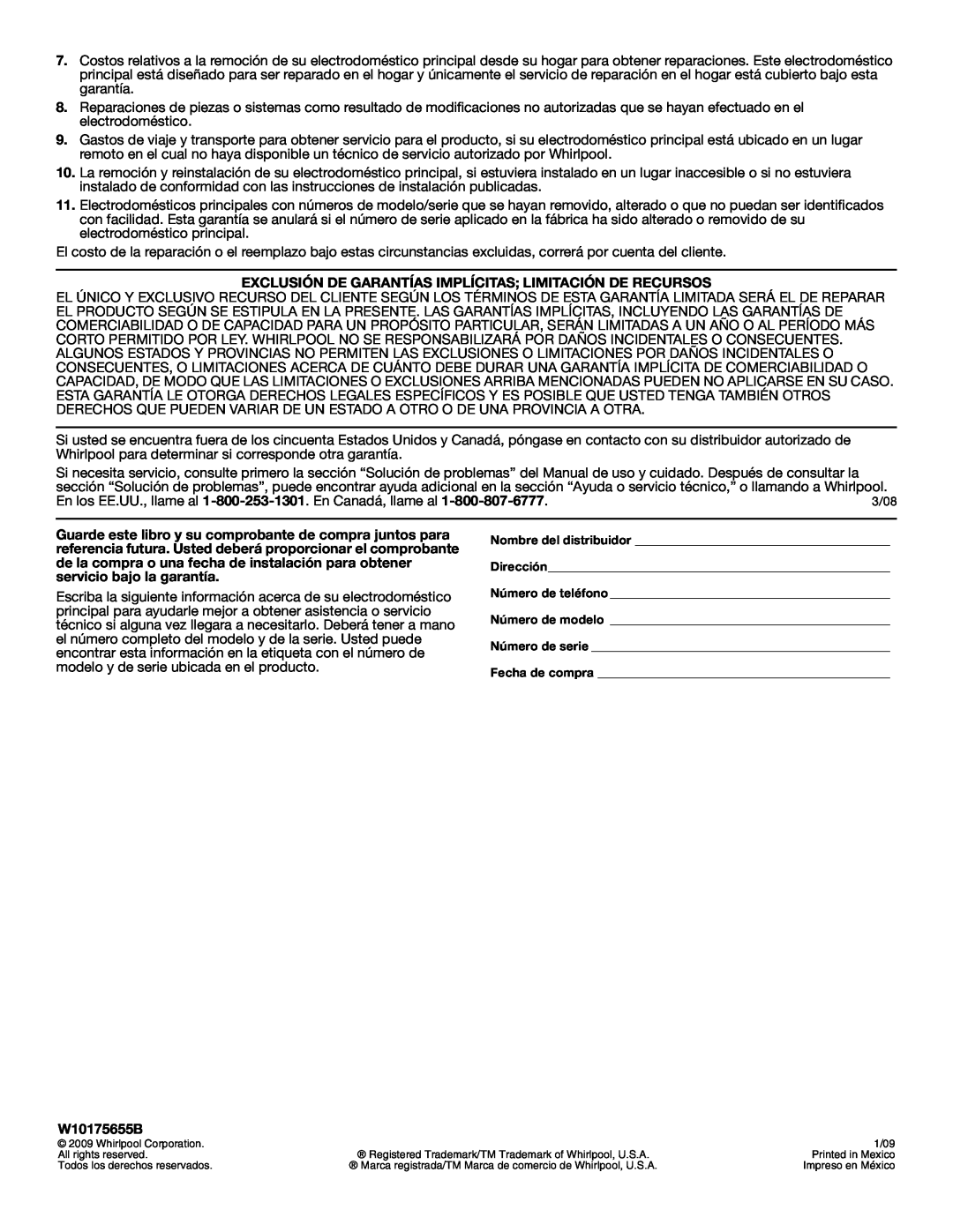 Estate W10175655B manual Exclusión De Garantías Implícitas Limitación De Recursos 