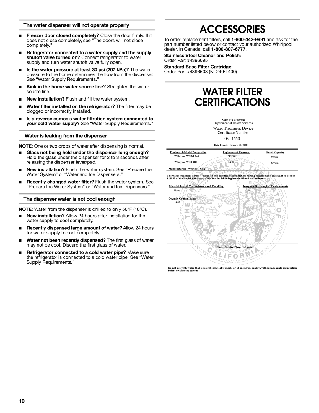 Estate W10193170A Accessories, Water Filter Certifications, Water dispenser will not operate properly 