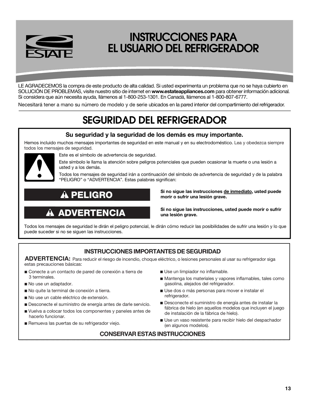 Estate W10193170A installation instructions Instrucciones Para EL Usuario DEL Refrigerador, Seguridad DEL Refrigerador 