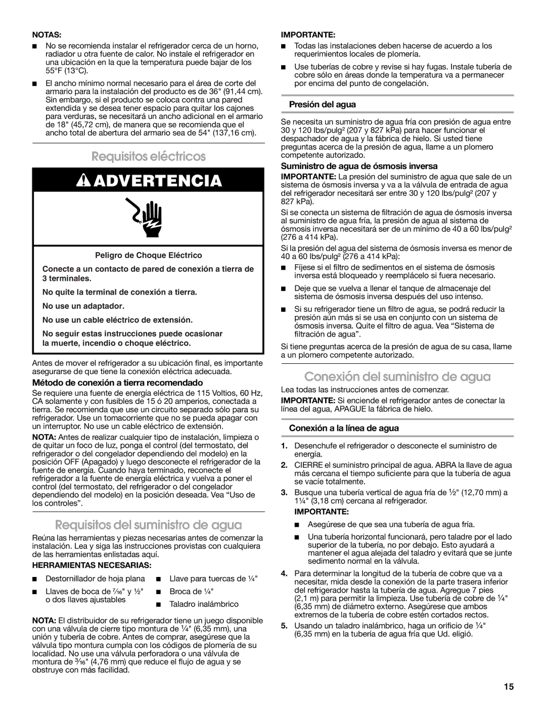 Estate W10193170A Requisitos eléctricos, Requisitos del suministro de agua, Conexión del suministro de agua 