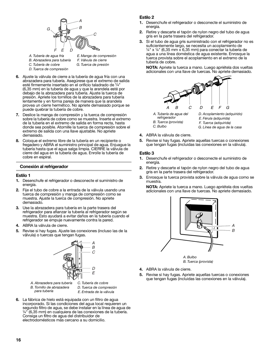 Estate W10193170A installation instructions Conexión al refrigerador Estilo, Abra la válvula de cierre 