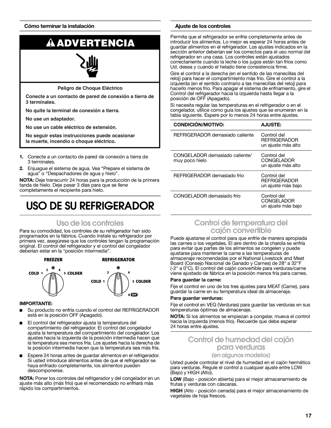 Estate W10193170A Uso de los controles, Control de temperatura del Cajón convertible, Cómo terminar la instalación 