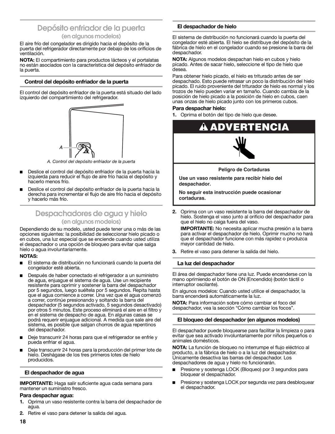 Estate W10193170A installation instructions Depósito enfriador de la puerta, Despachadores de agua y hielo 