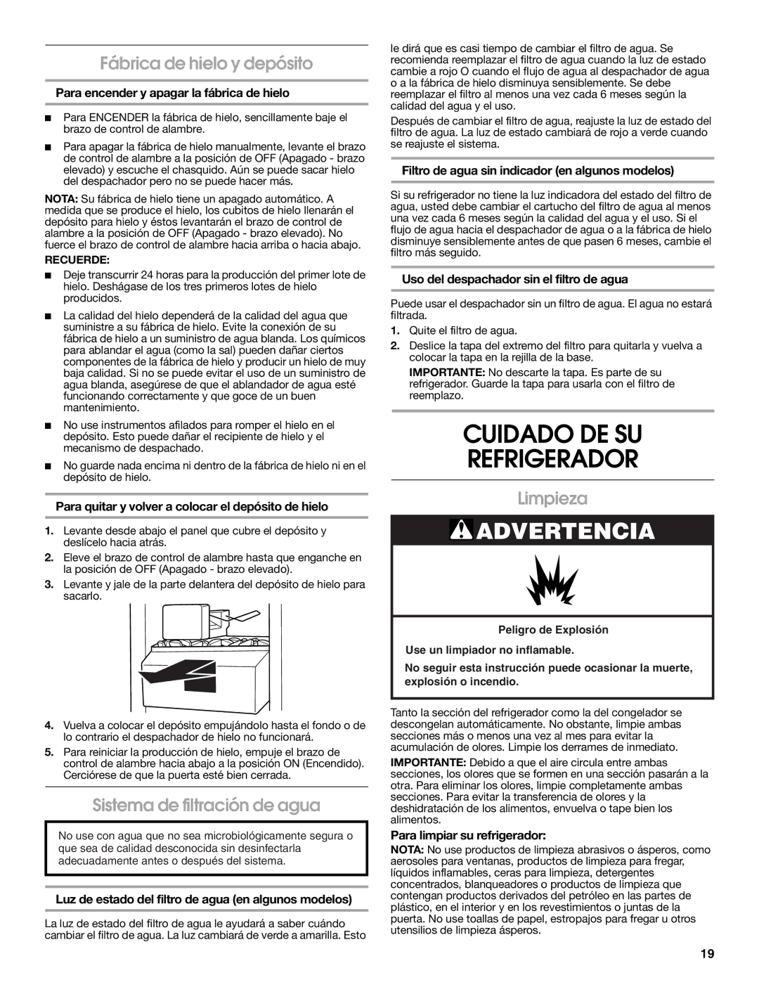 Estate W10193170A Cuidado DE SU Refrigerador, Fábrica de hielo y depósito, Sistema de filtración de agua, Limpieza 