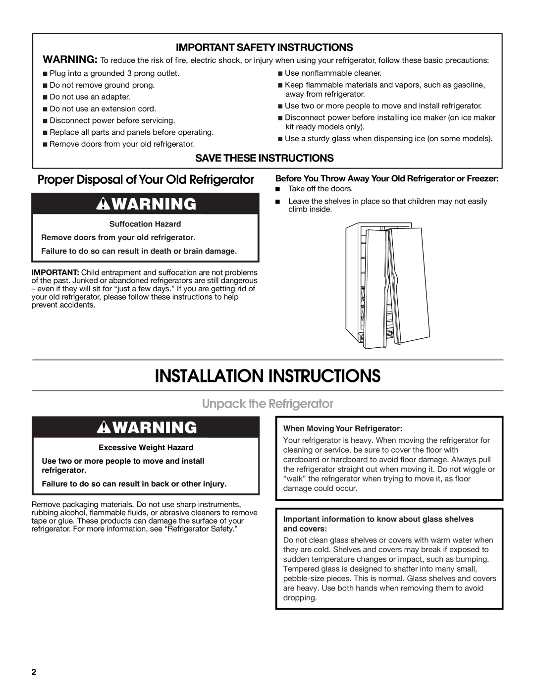 Estate W10193170A installation instructions Installation Instructions, Unpack the Refrigerator 