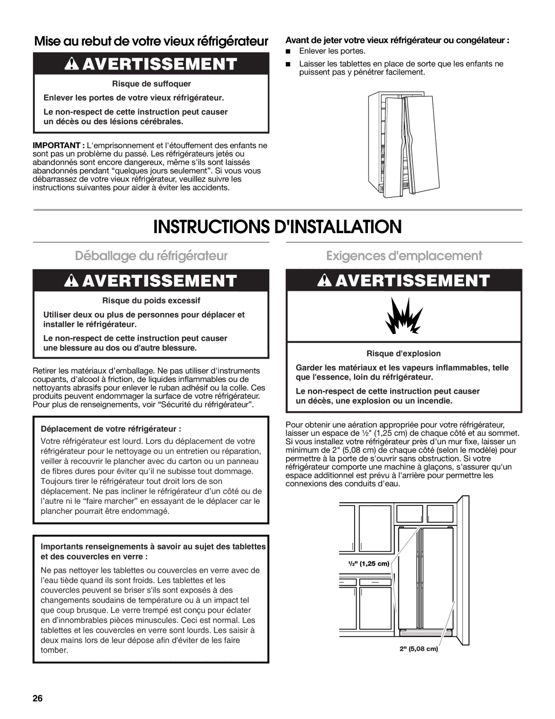 Estate W10193170A installation instructions Instructions Dinstallation, Déballage du réfrigérateur, Exigences demplacement 