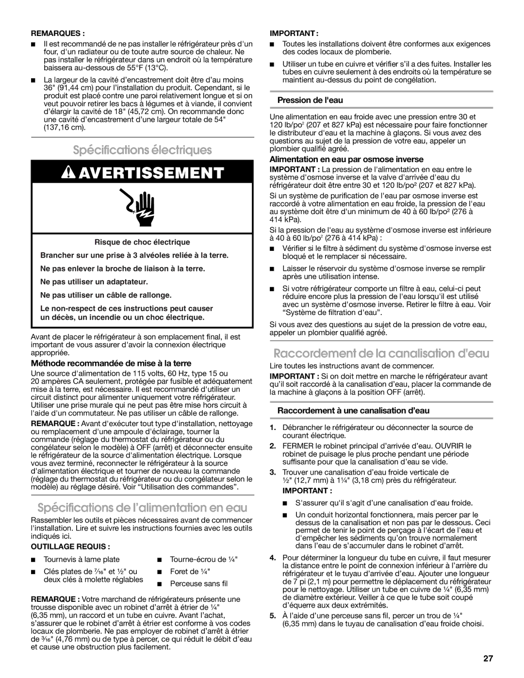 Estate W10193170A installation instructions Spécifications électriques, Spécifications de l’alimentation en eau 