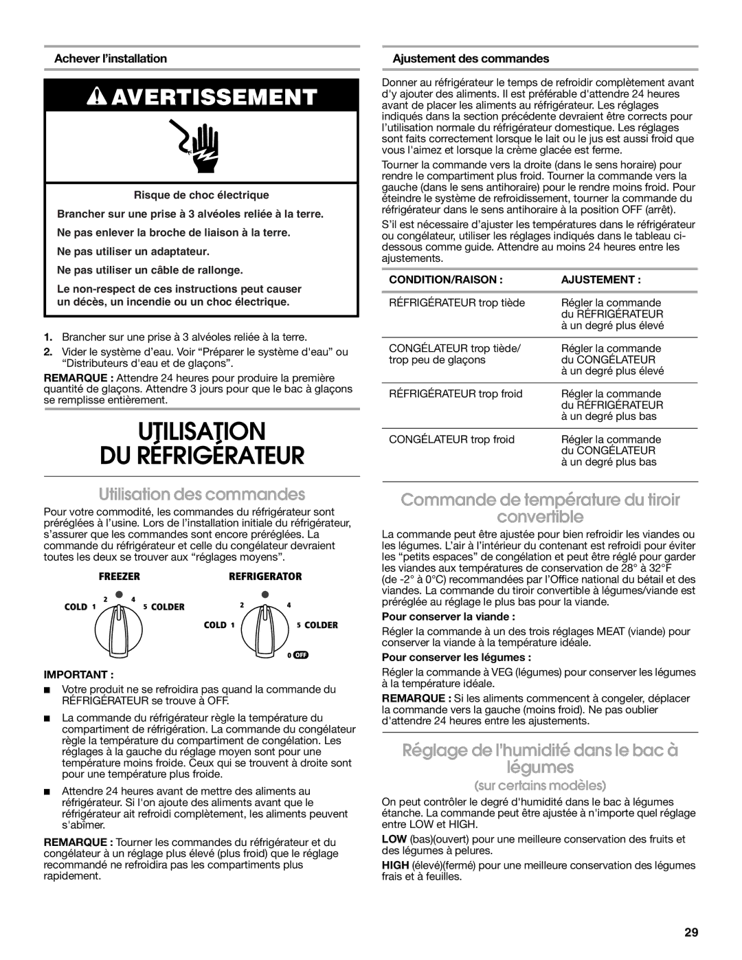 Estate W10193170A Utilisation DU Réfrigérateur, Utilisation des commandes, Commande de température du tiroir Convertible 