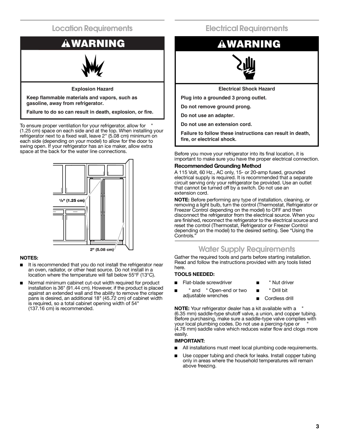 Estate W10193170A Location Requirements, Electrical Requirements, Water Supply Requirements, Recommended Grounding Method 