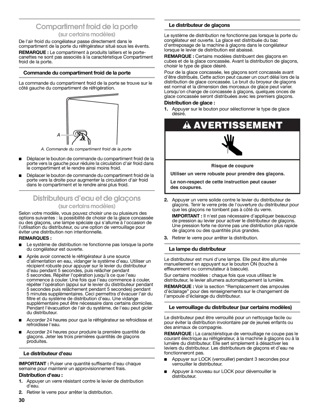 Estate W10193170A installation instructions Compartiment froid de la porte, Distributeurs d’eau et de glaçons 