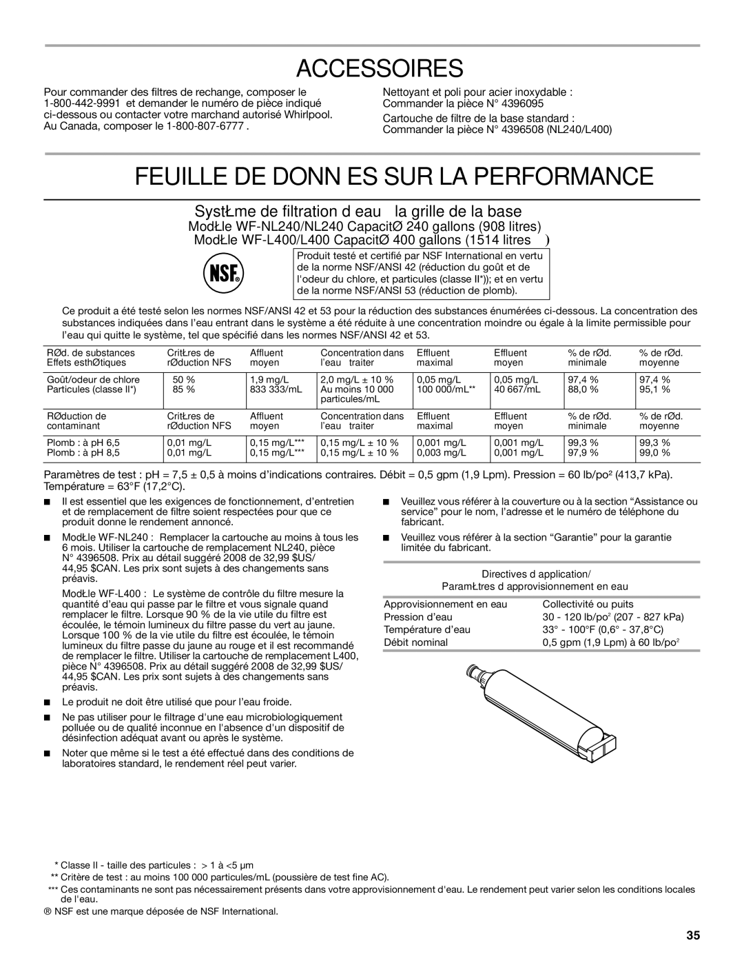 Estate W10193170A installation instructions Accessoires, Feuille DE Données SUR LA Performance 