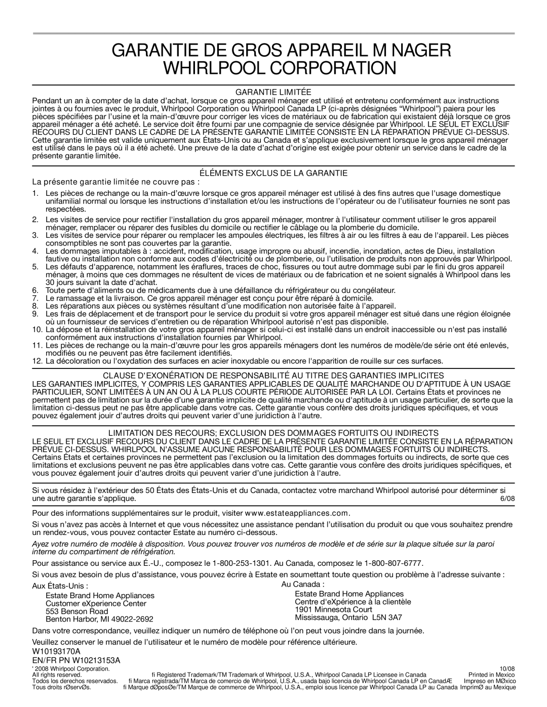 Estate W10193170A installation instructions Garantie DE Gros Appareil Ménager Whirlpool Corporation, Garantie Limitée 