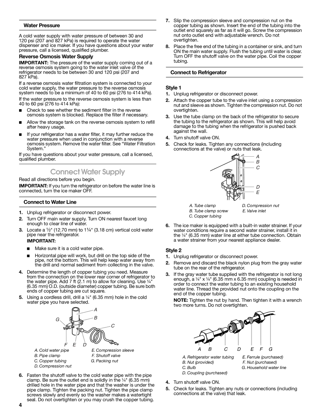 Estate W10193170A Connect Water Supply, Water Pressure, Reverse Osmosis Water Supply, Connect to Water Line 