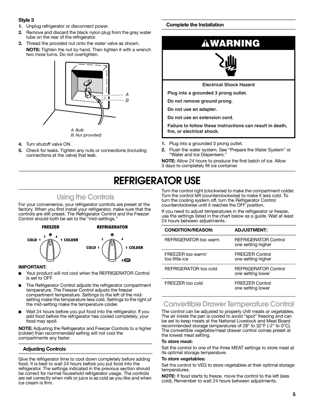 Estate W10193170A Refrigerator USE, Using the Controls, Convertible Drawer Temperature Control, Complete the Installation 