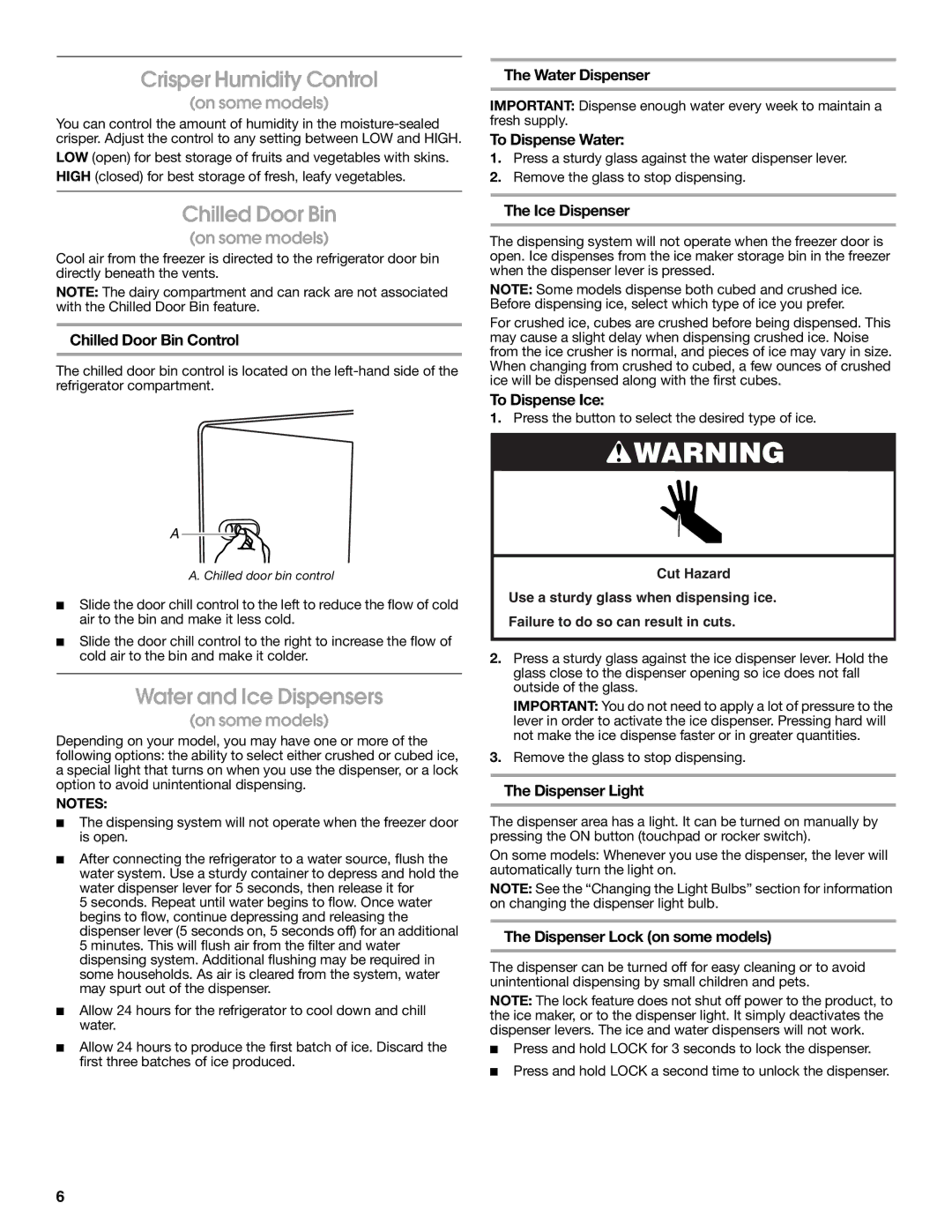 Estate W10193170A installation instructions Crisper Humidity Control, Chilled Door Bin, Water and Ice Dispensers 