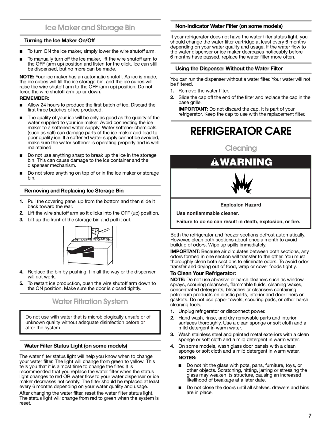 Estate W10193170A installation instructions Refrigerator Care, Ice Maker and Storage Bin, Water Filtration System, Cleaning 