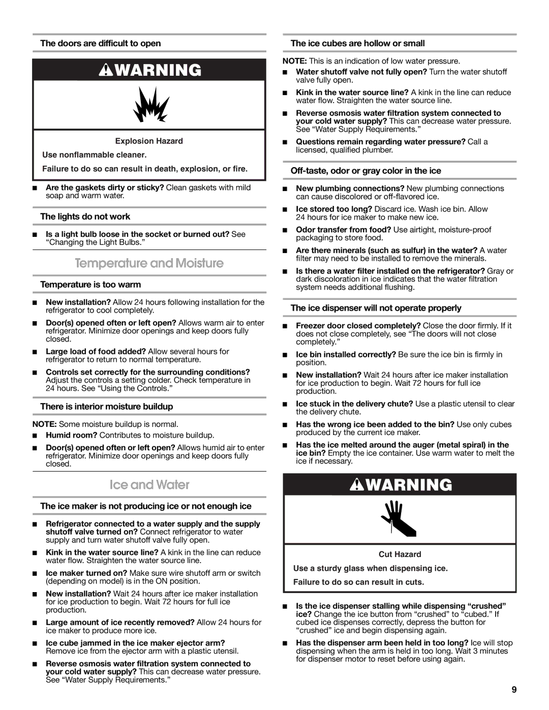 Estate W10193170A installation instructions Temperature and Moisture, Ice and Water 