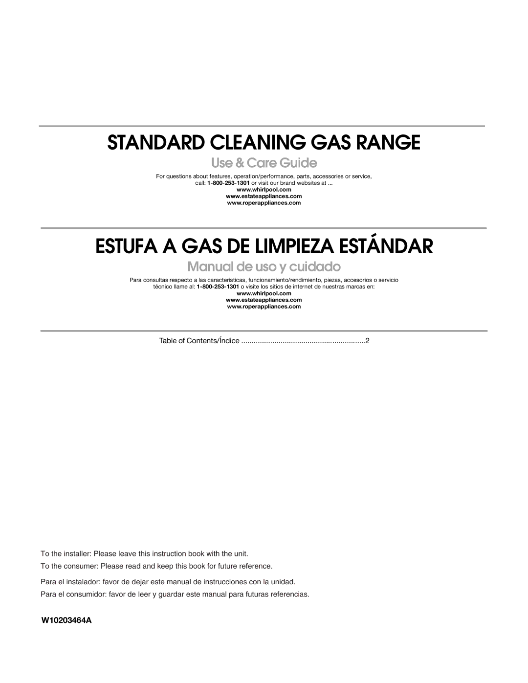 Estate W10203464A manual Standard Cleaning GAS Range 