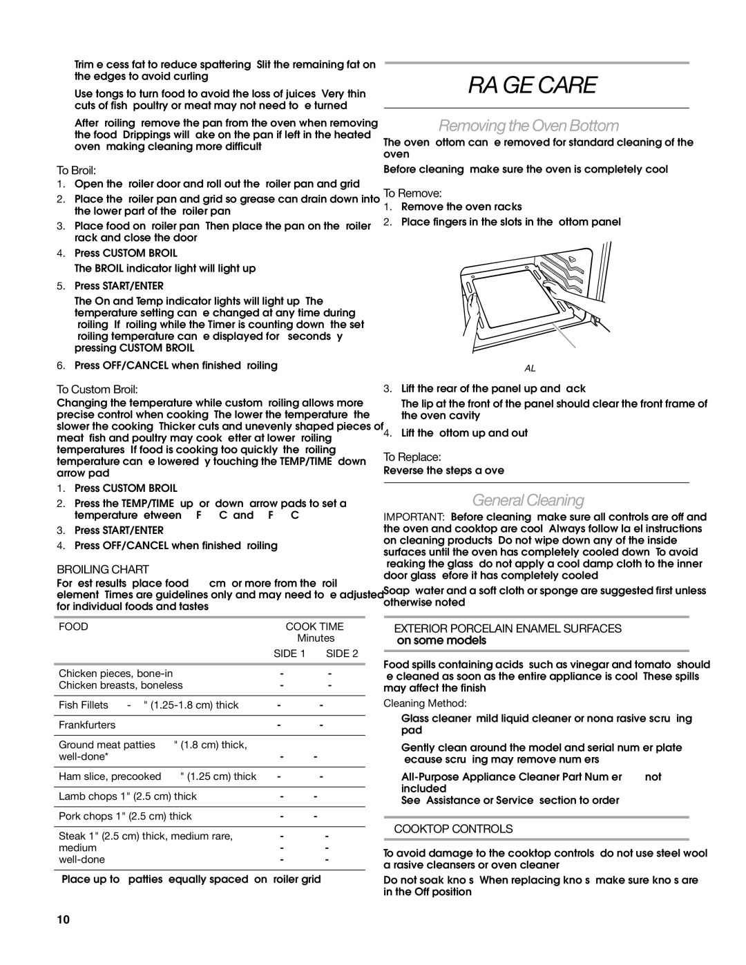 Estate W10203464A manual Range Care, Removing the Oven Bottom, General Cleaning 