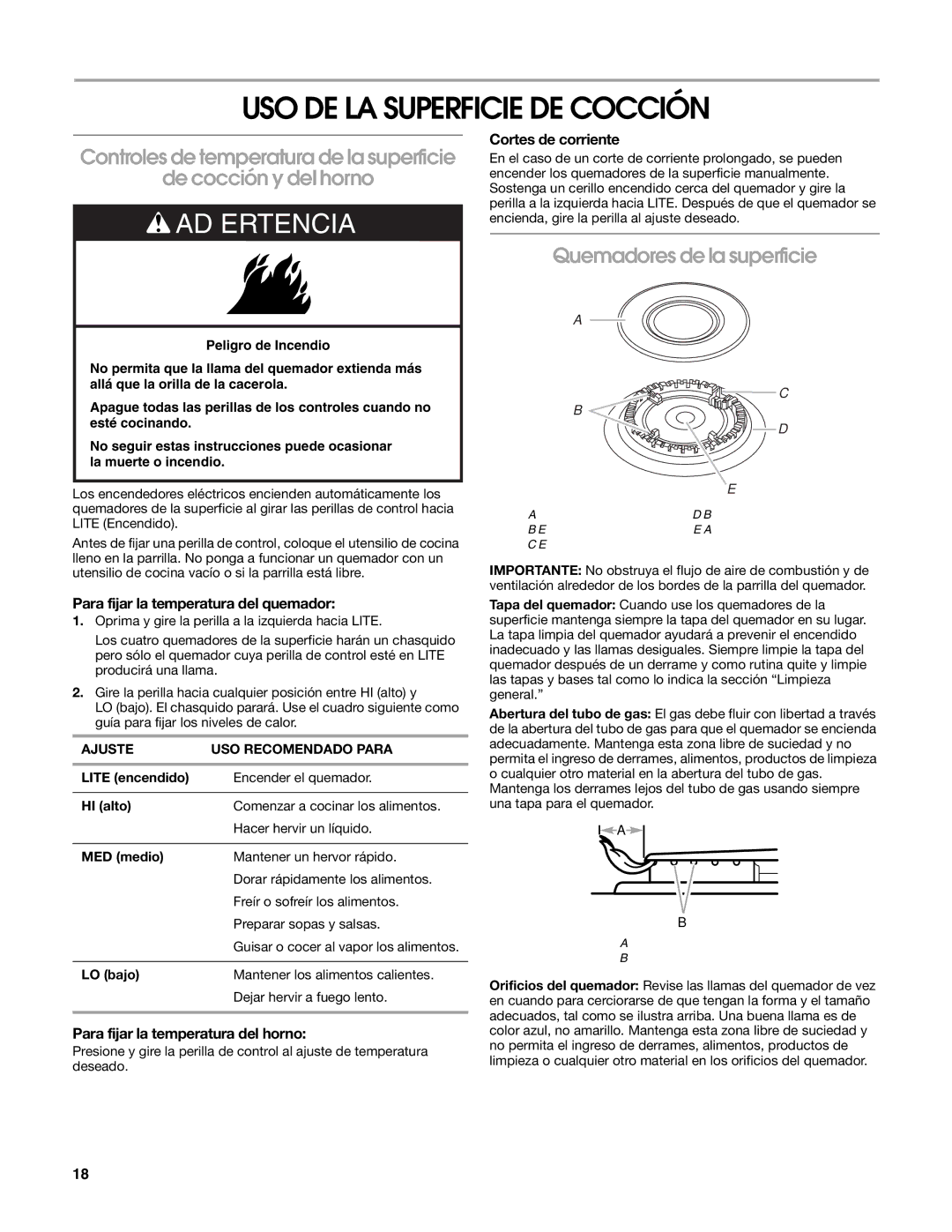 Estate W10203464A USO DE LA Superficie DE Cocción, Quemadores de la superficie, Para fijar la temperatura del quemador 