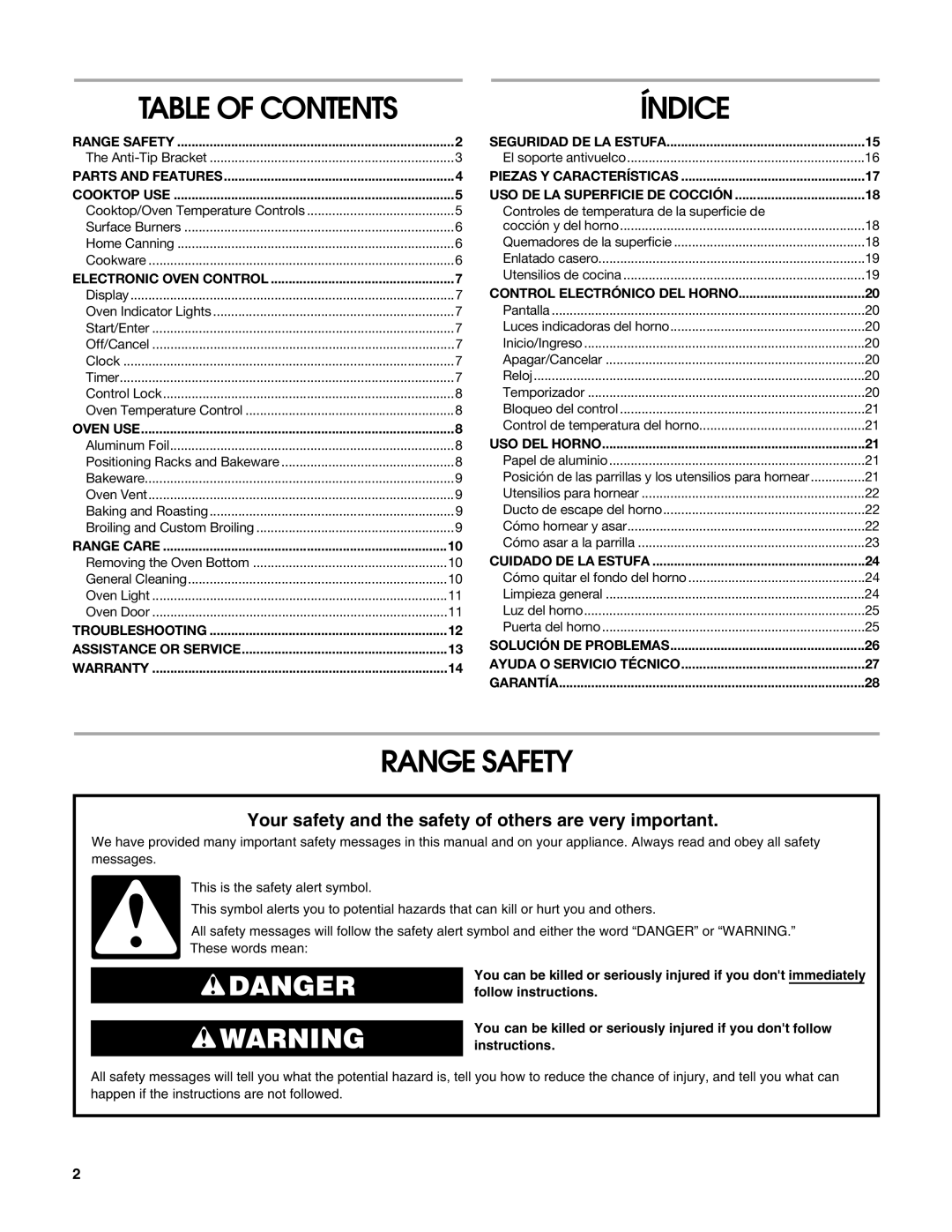 Estate W10203464A manual Table of Contents, Range Safety 