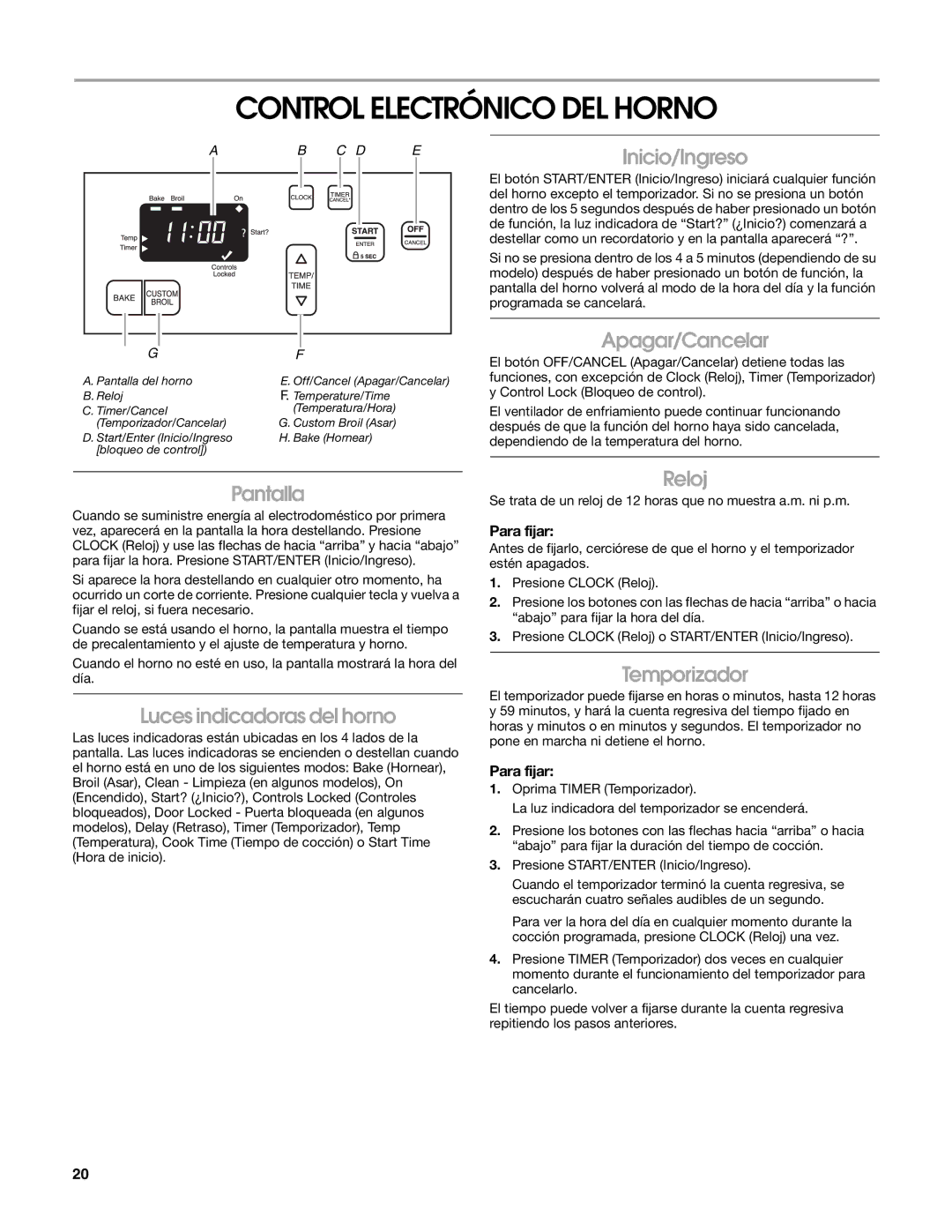 Estate W10203464A manual Control Electrónico DEL Horno 