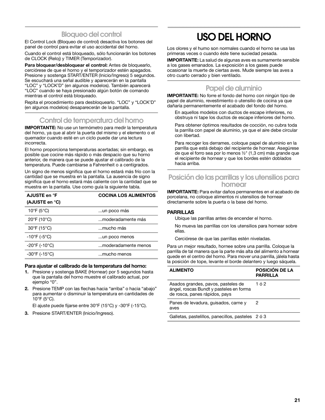 Estate W10203464A manual USO DEL Horno, Bloqueo del control, Control de temperatura del horno, Papel de aluminio 