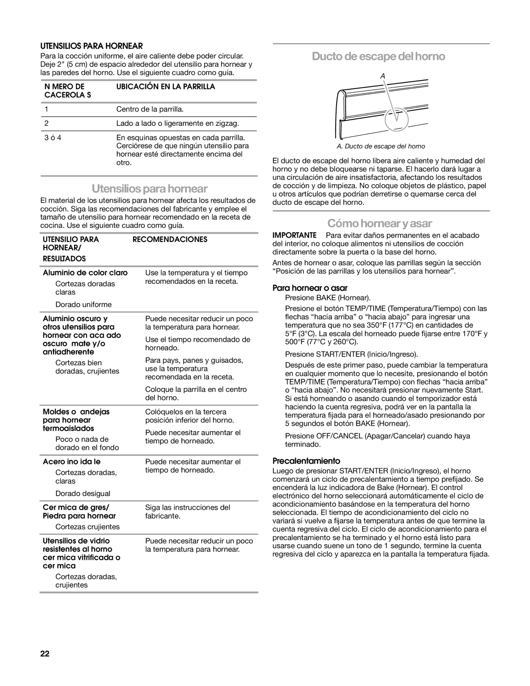 Estate W10203464A manual Utensilios para hornear, Ducto de escape del horno, Cómo hornear y asar, Utensilios Para Hornear 