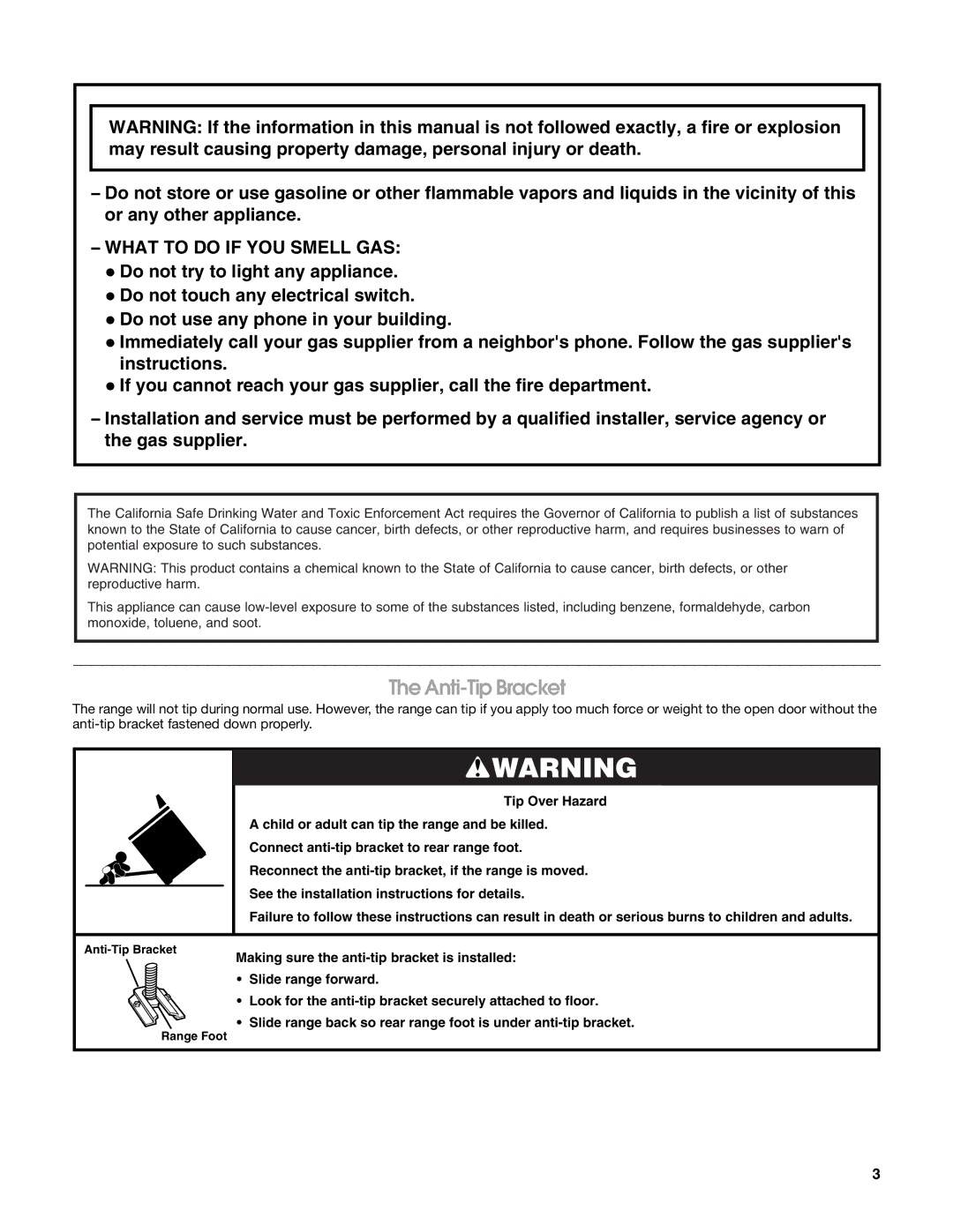 Estate W10203464A manual Anti-Tip Bracket, What to do if YOU Smell GAS 