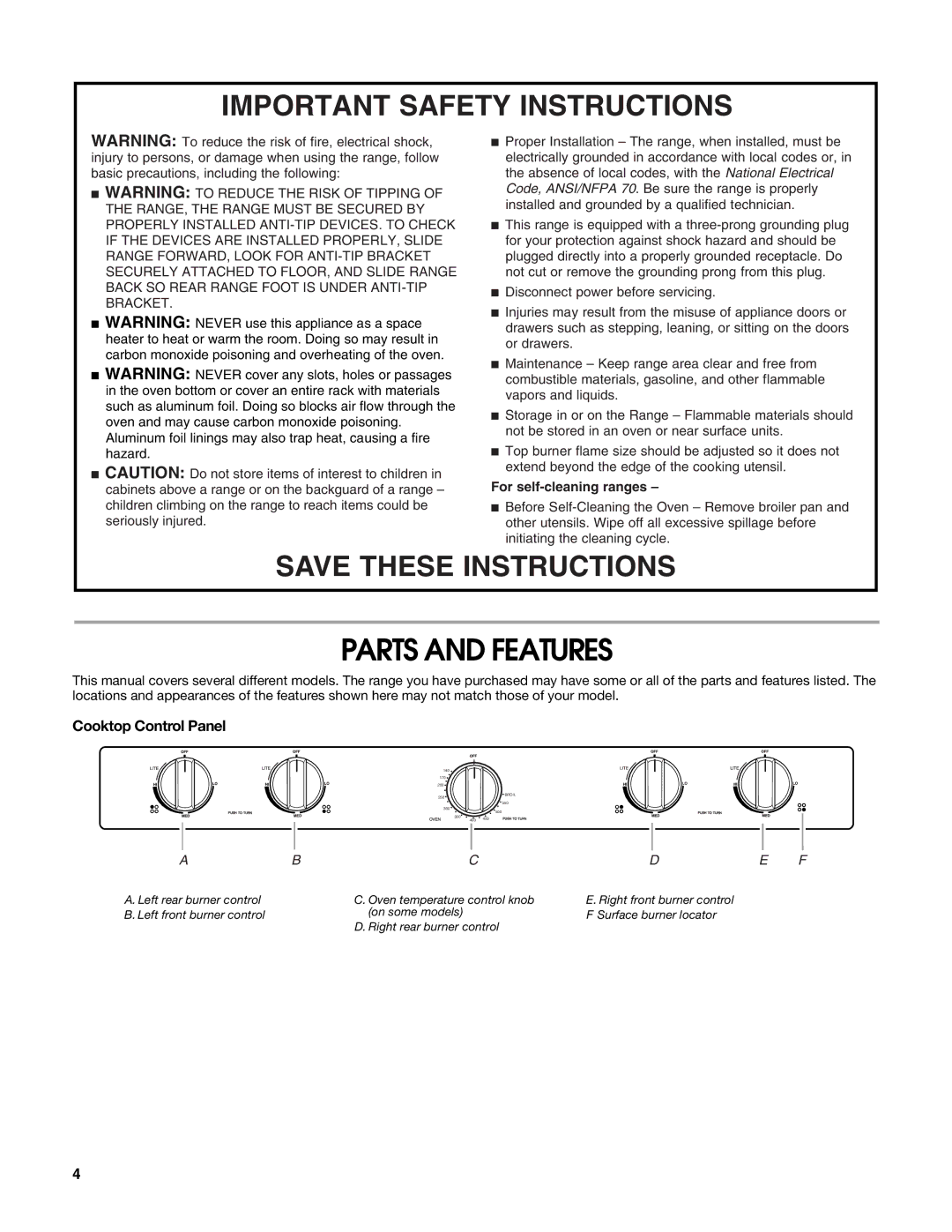 Estate W10203464A manual Parts and Features, Cooktop Control Panel 