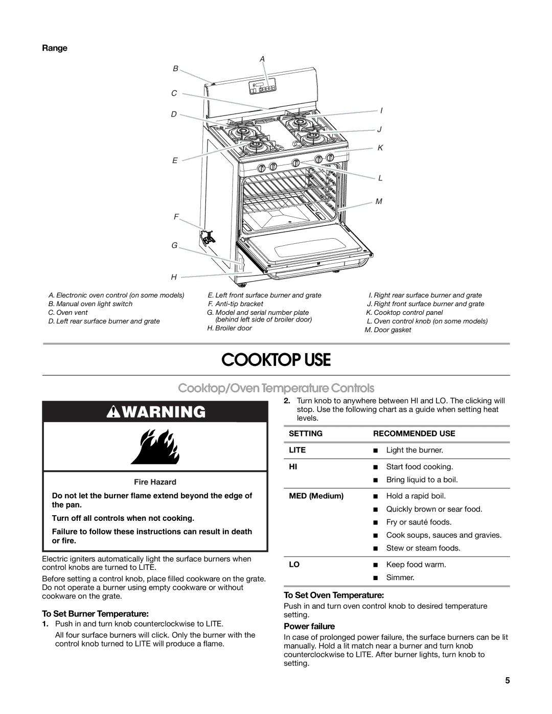 Estate W10203464A manual Cooktop USE, Cooktop/Oven Temperature Controls 