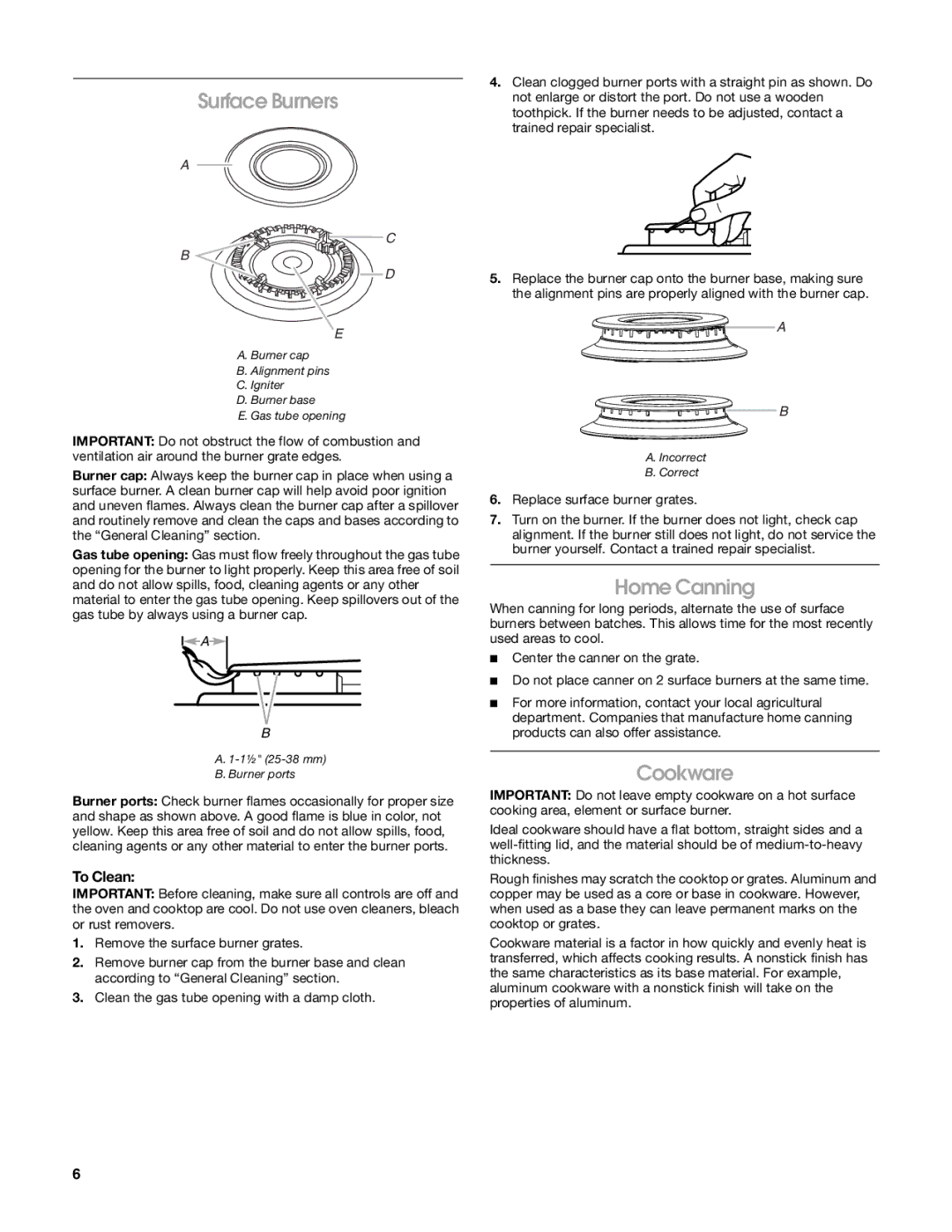 Estate W10203464A manual Surface Burners, Home Canning, Cookware, To Clean 