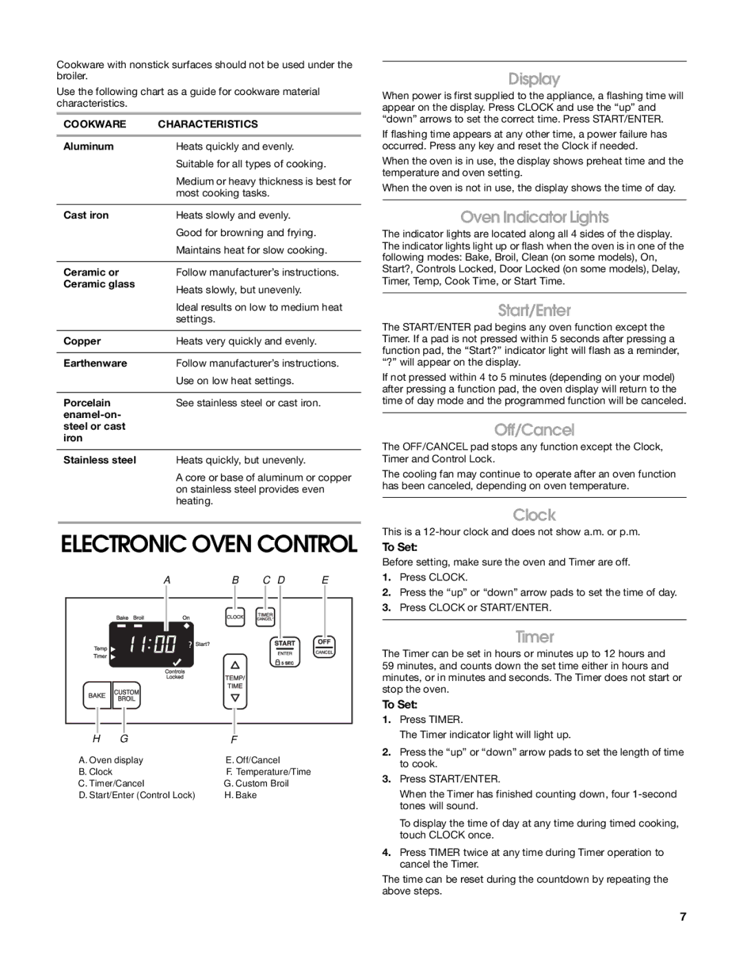 Estate W10203464A manual Display, Oven Indicator Lights, Start/Enter, Off/Cancel, Clock, Timer 