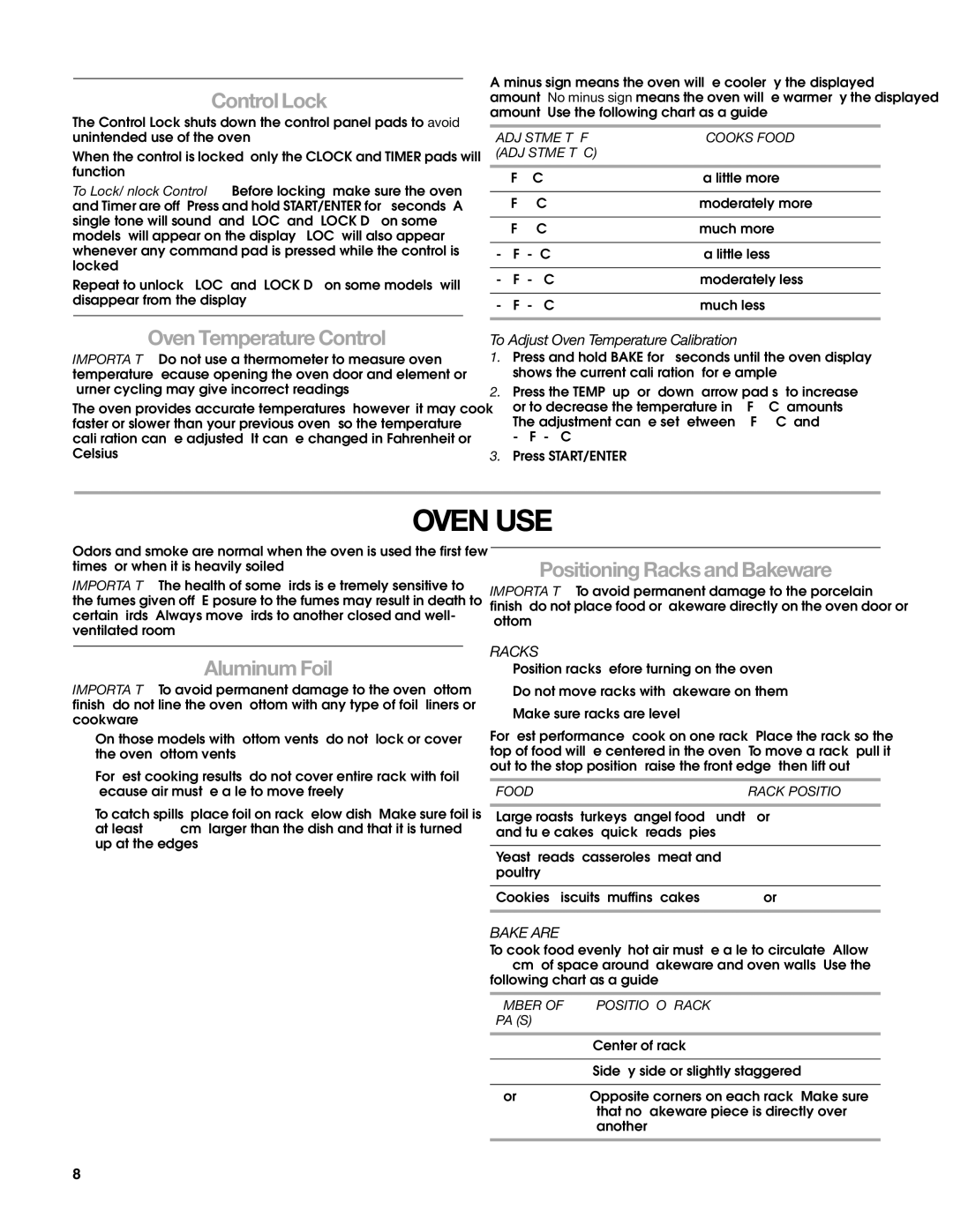 Estate W10203464A manual Oven USE, Control Lock, Oven Temperature Control, Aluminum Foil, Positioning Racks and Bakeware 