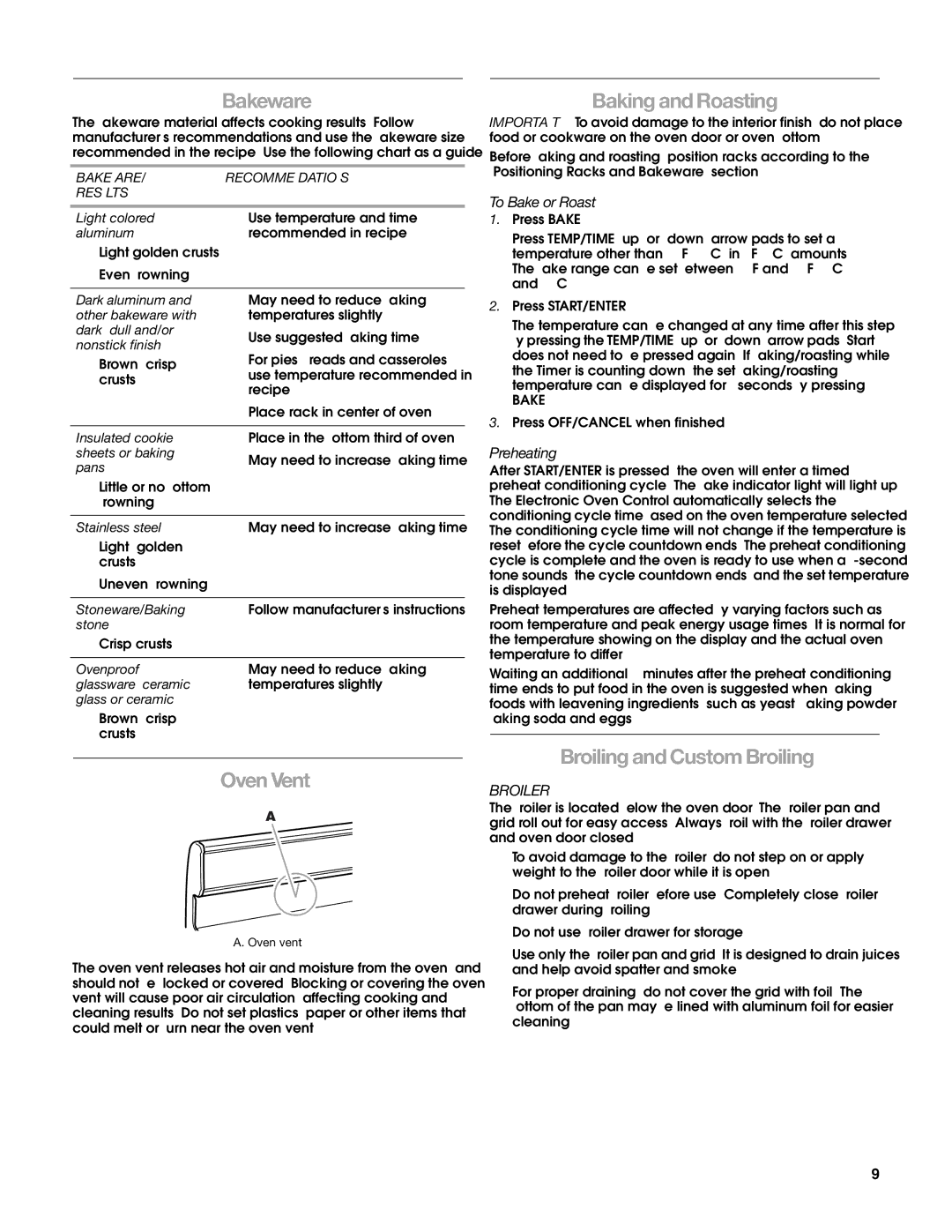Estate W10203464A manual Bakeware, Oven Vent, Baking and Roasting, Broiling and Custom Broiling, Broiler 