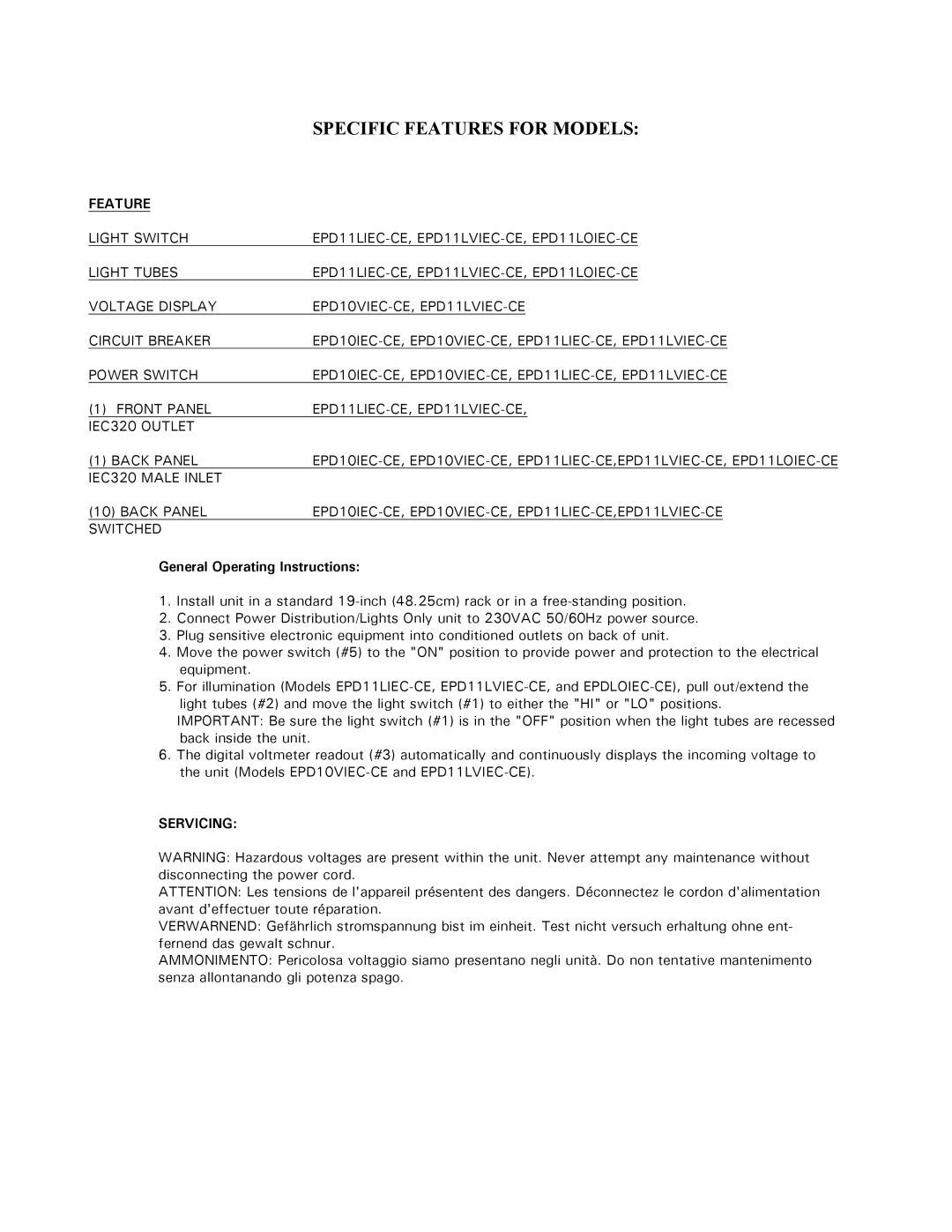 ETA Systems EPDLOIEC-CE, EPD11LVIEC-CE, EPD11LIEC-CE, EPD10IEC-CE, EPD10VIEC-CE owner manual Specific Features for Models 