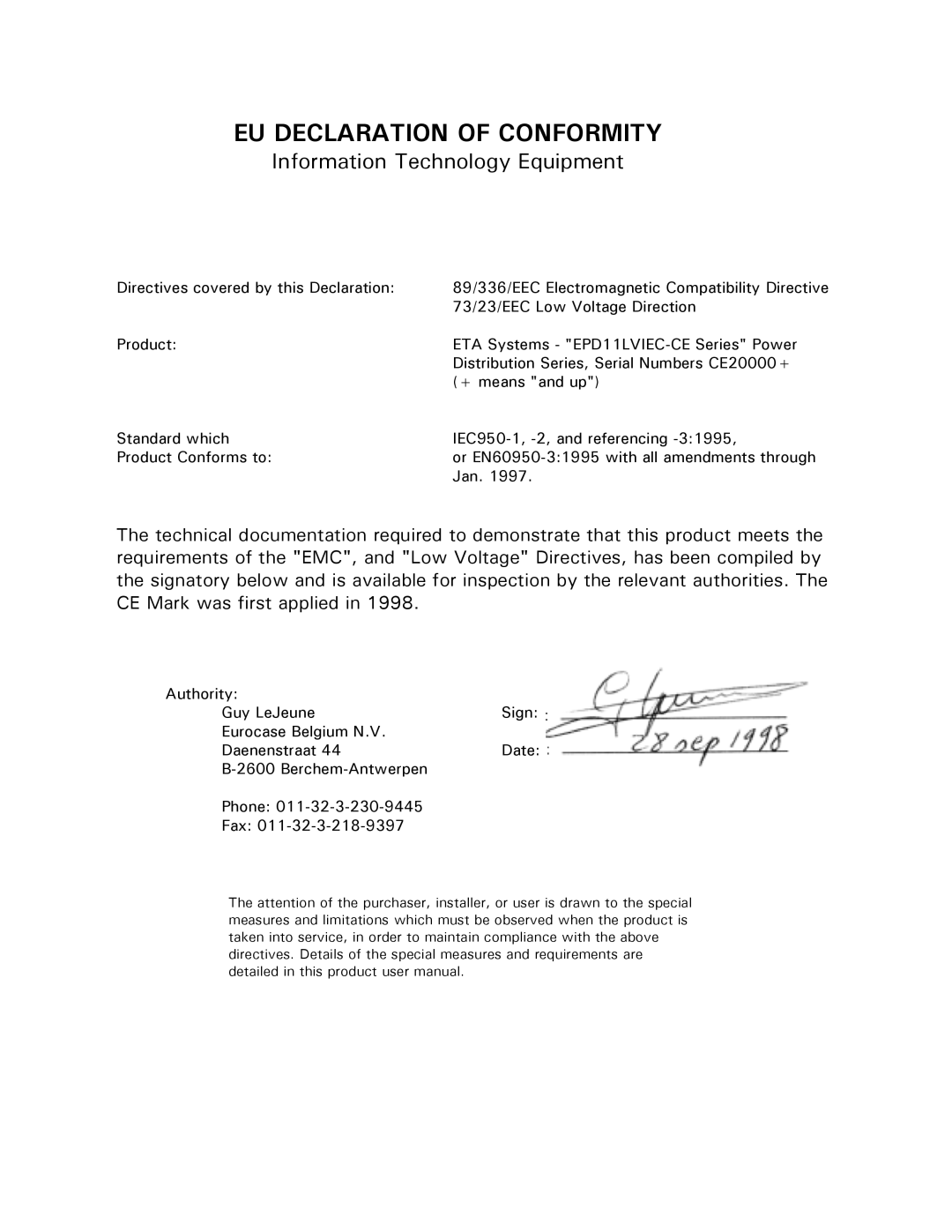 ETA Systems EPD11LIEC-CE, EPD11LVIEC-CE, EPD10IEC-CE, EPD10VIEC-CE, EPDLOIEC-CE owner manual EU Declaration of Conformity 