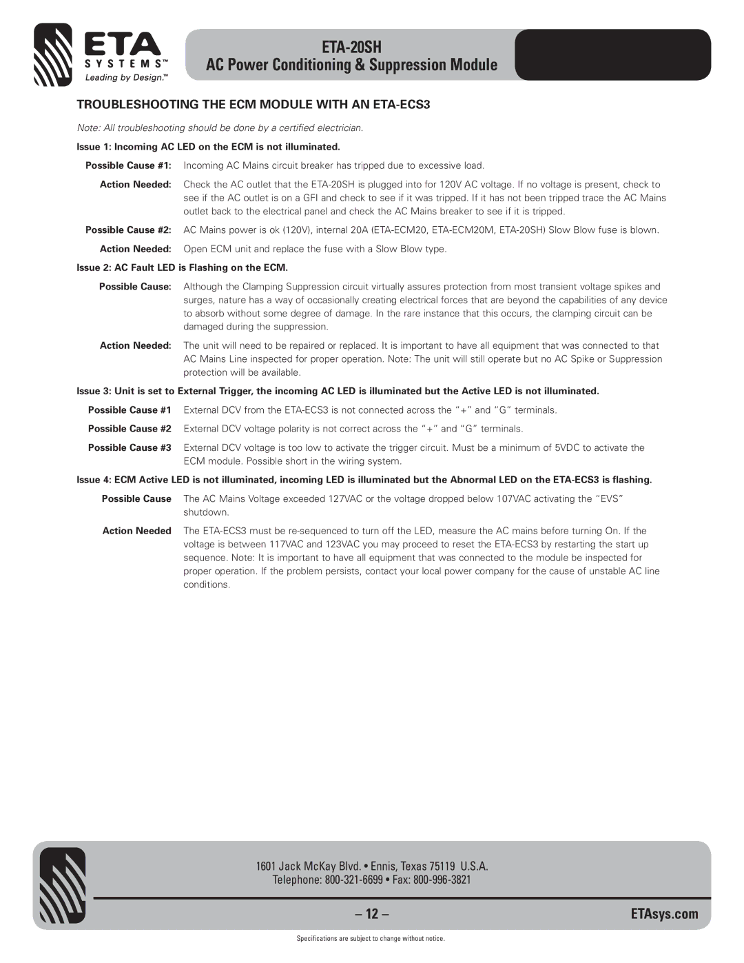 ETA Systems ETA-20SH specifications Troubleshooting the ECM Module with AN ETA-ECS3 