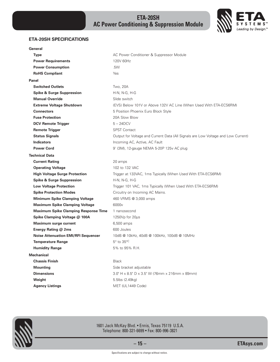 ETA Systems specifications ETA-20SH Specifications 